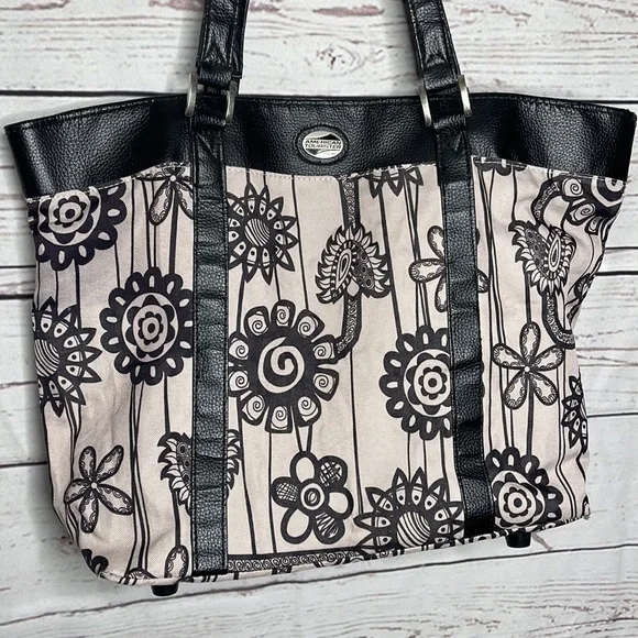 American Tourister Travel Bag Black Taupe Tan Floral Print Tote Bag Carryall! - Picture 2 of 11